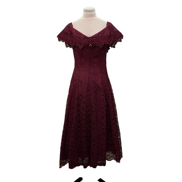 VINTAGE 90s CACHET Burgundy Lace Midi Dress 12 Whimsygoth Romantic Fairytale - Picture 2 of 11